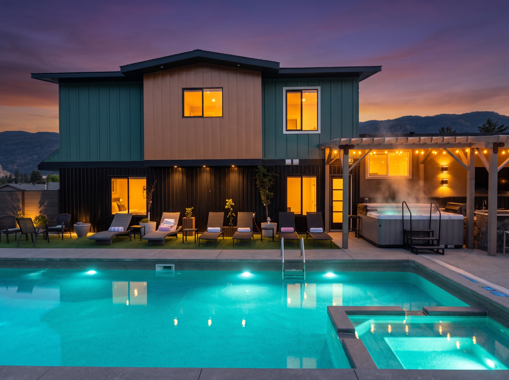Pool and hot tub lit at twilight