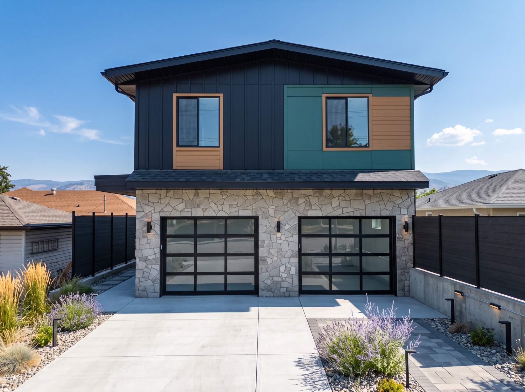 Driveway and glass garage frontage in daylight
