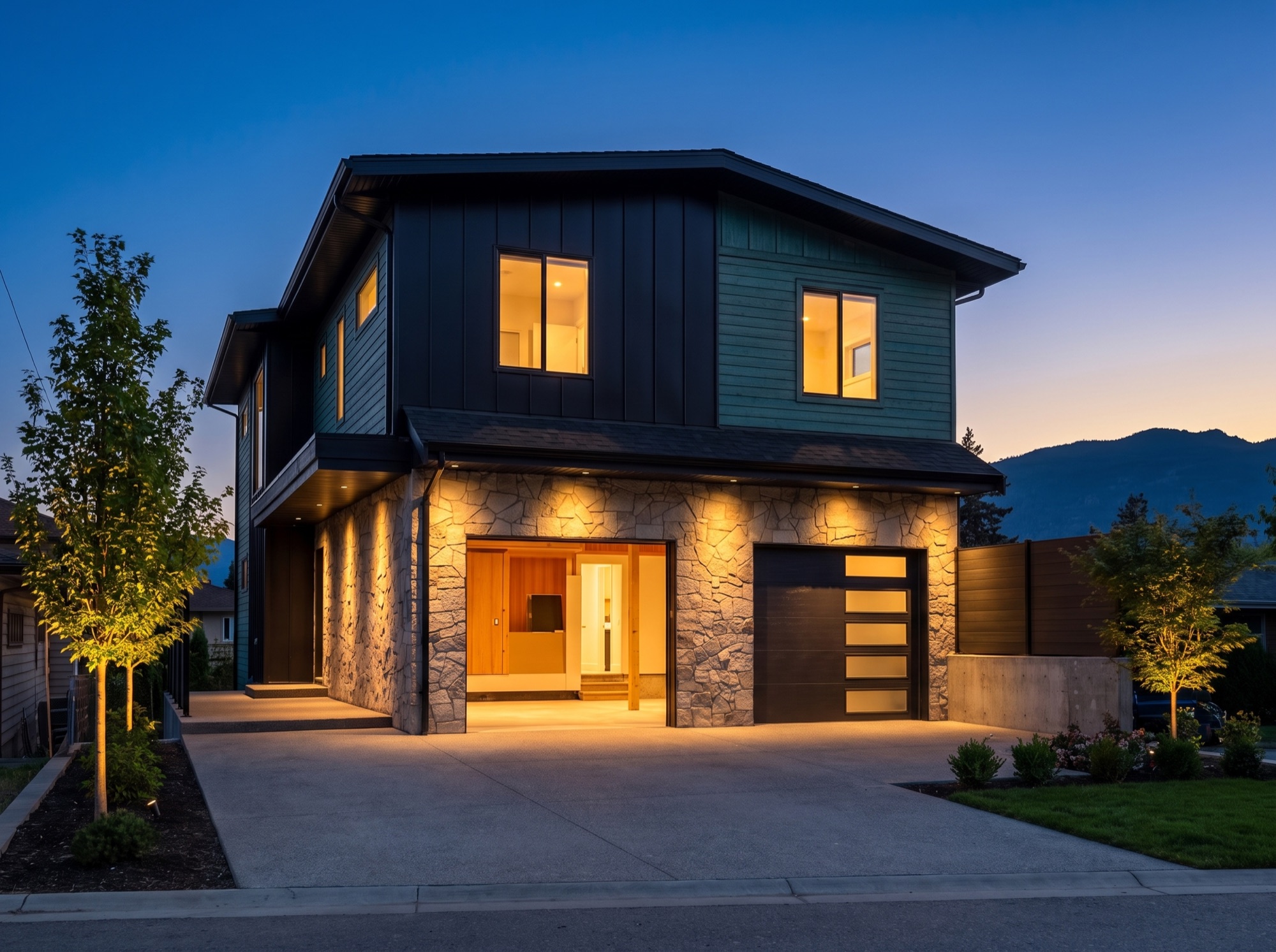 Front of the home glowing at twilight