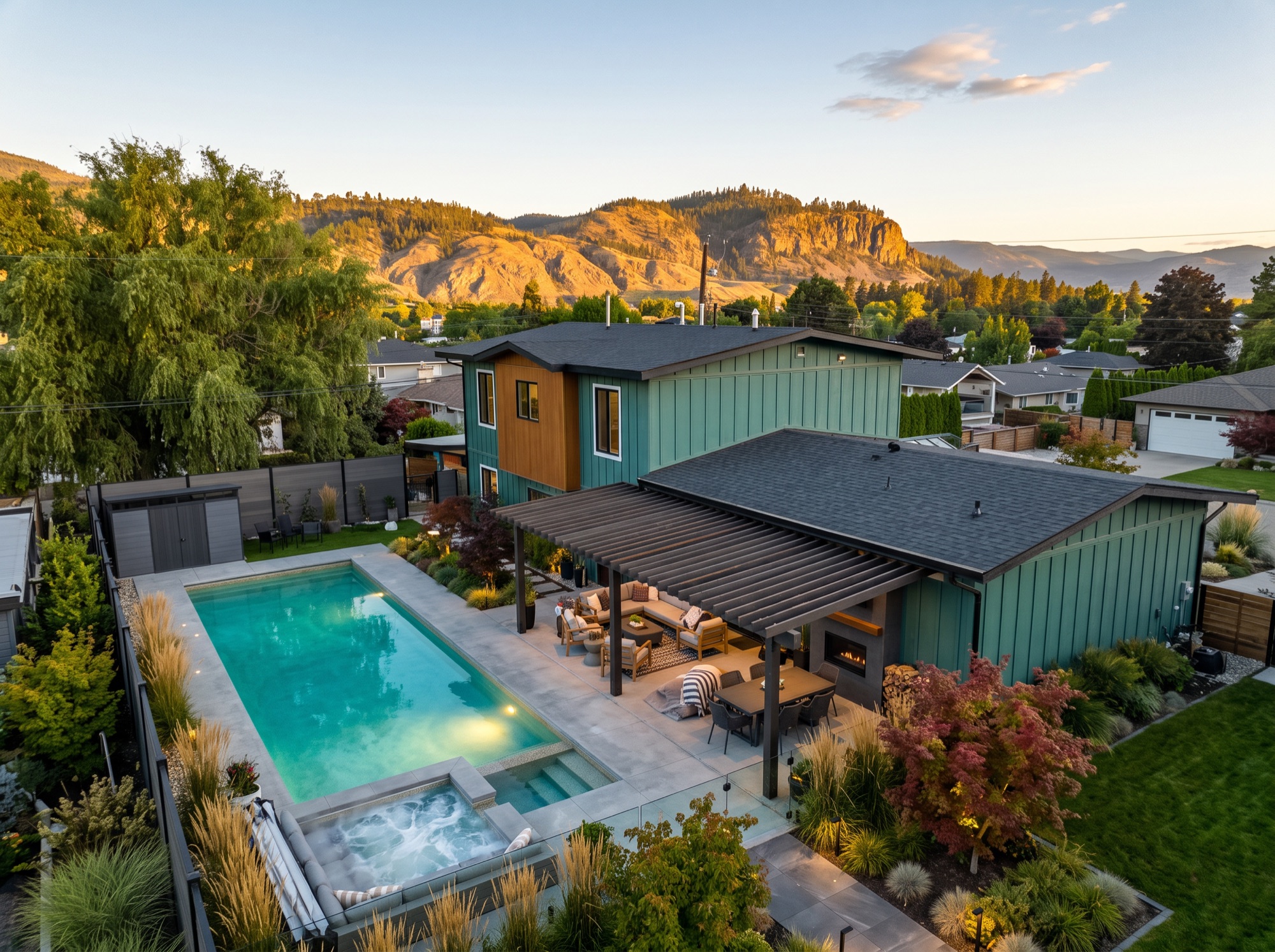 Aerial of the home, pool and vineyards at golden hour
