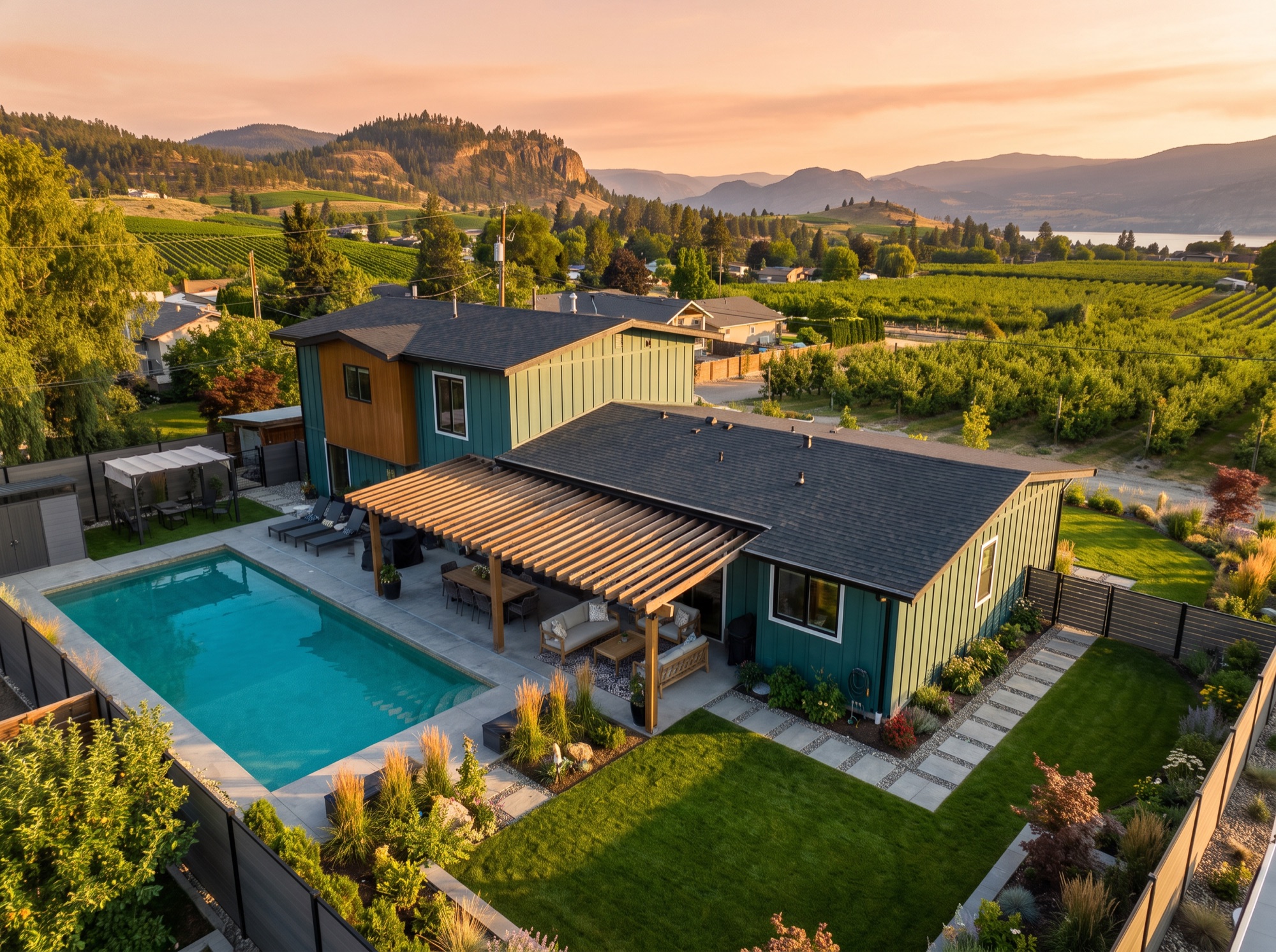 Aerial over the property with vineyards and lake