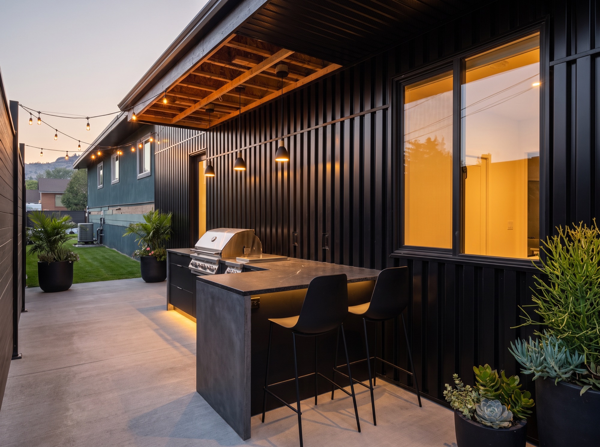 Custom outdoor kitchen and bar at dusk