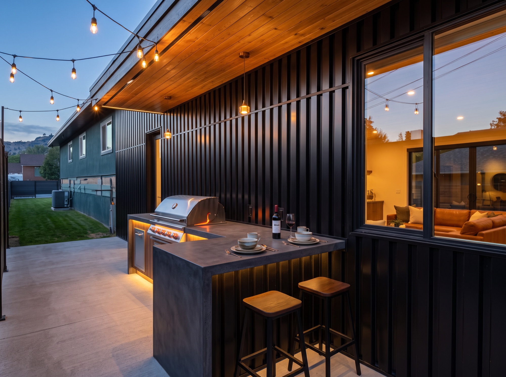 Outdoor kitchen and dining under string lights