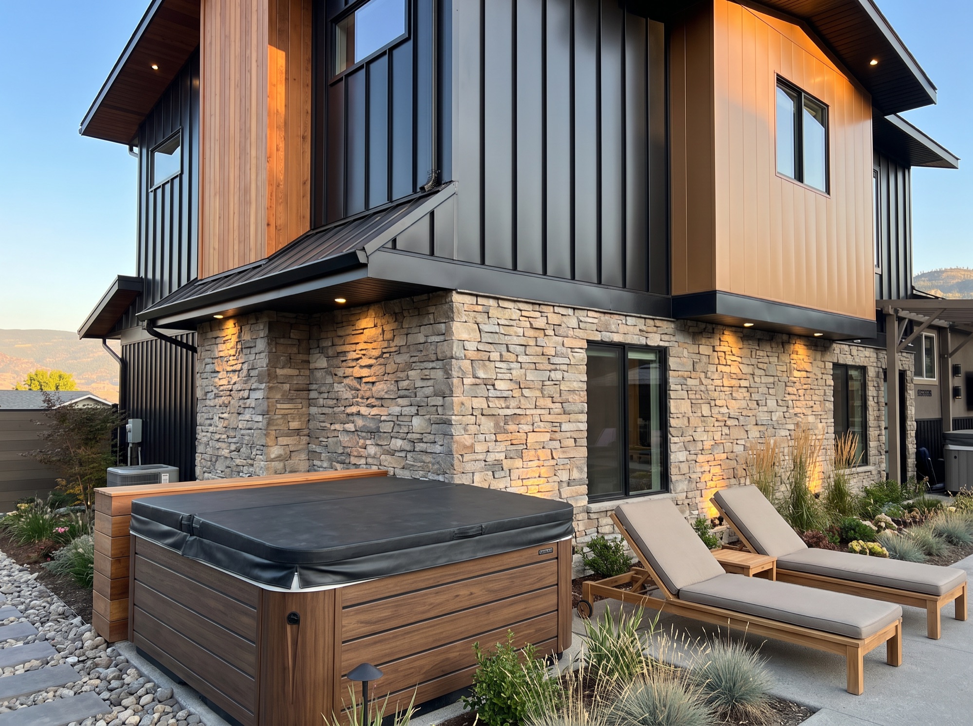 Stone and steel façade with hot tub at golden hour