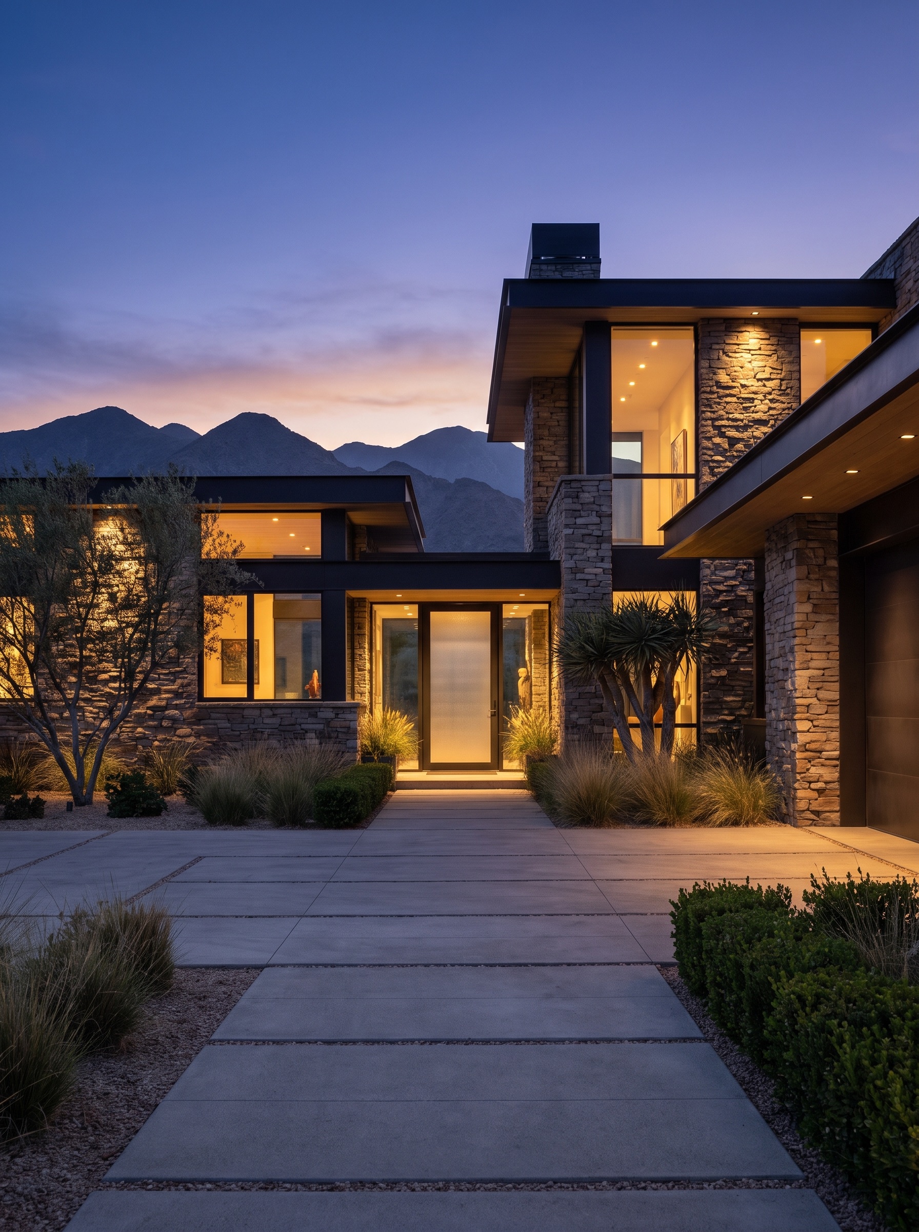 CastleRock's stone-and-steel front elevation glowing at twilight