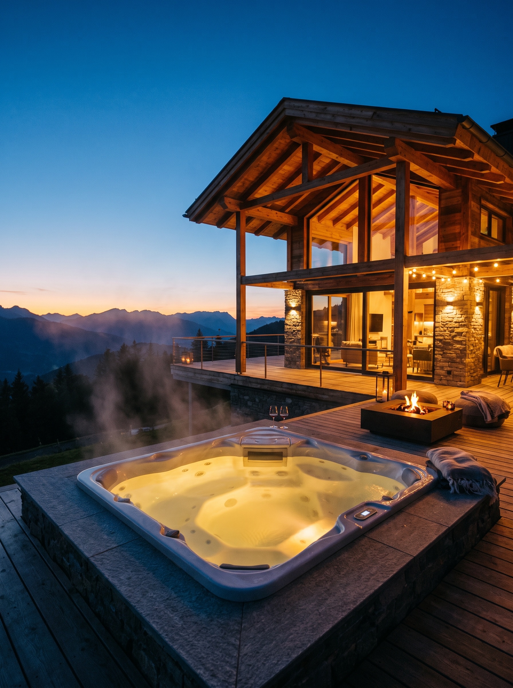 CastleRock's own private hot tub glowing on the deck at twilight with mountain views