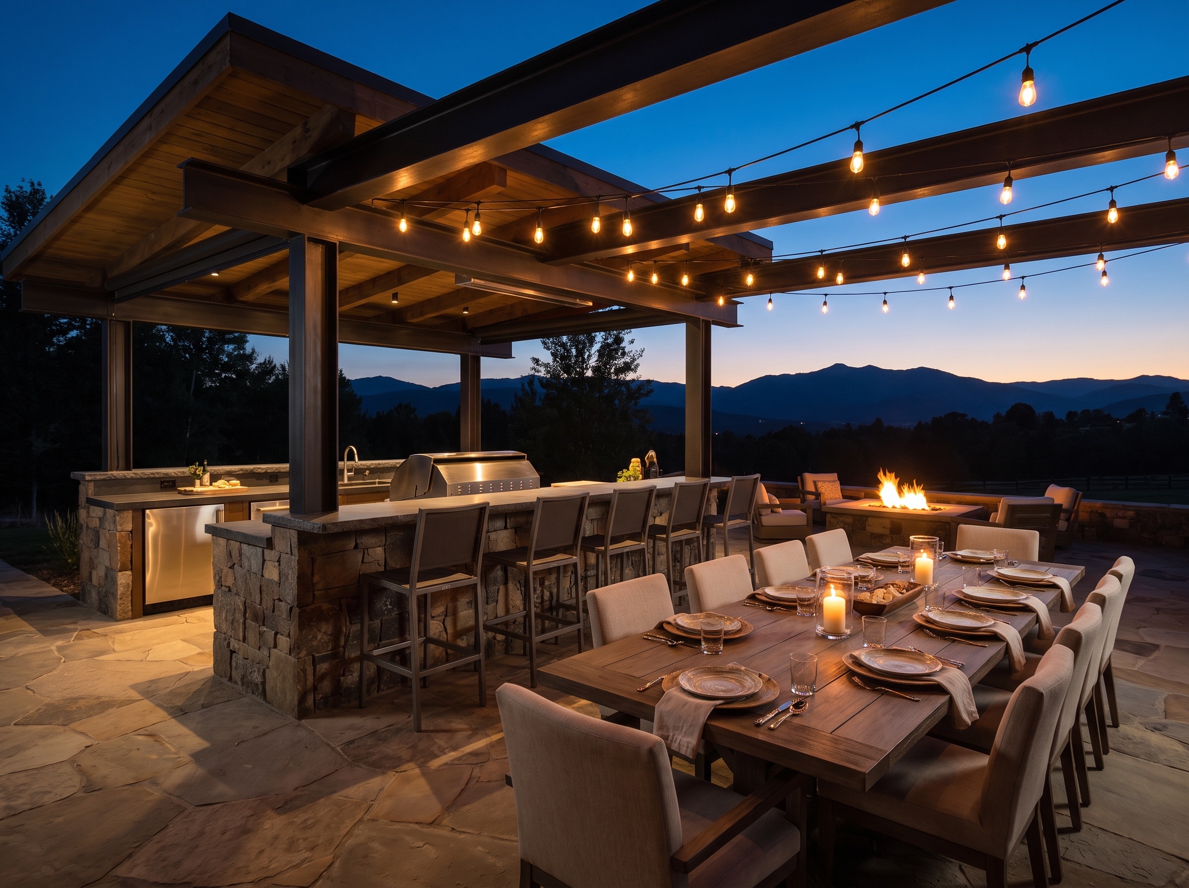 CastleRock's custom covered outdoor kitchen and dining under warm string lights